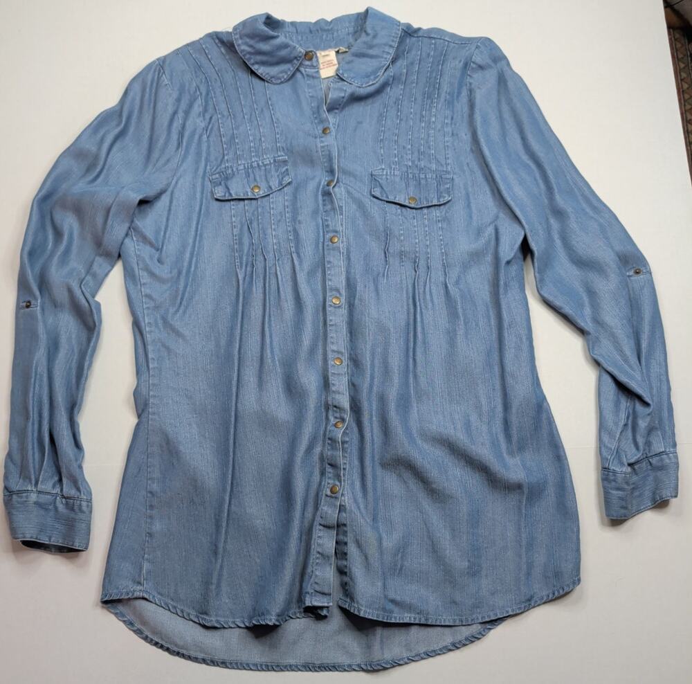 Sundance Chambray Denim Collared Snap Long Roll Tab Sleeve Tencel Tunic Top Lrg.